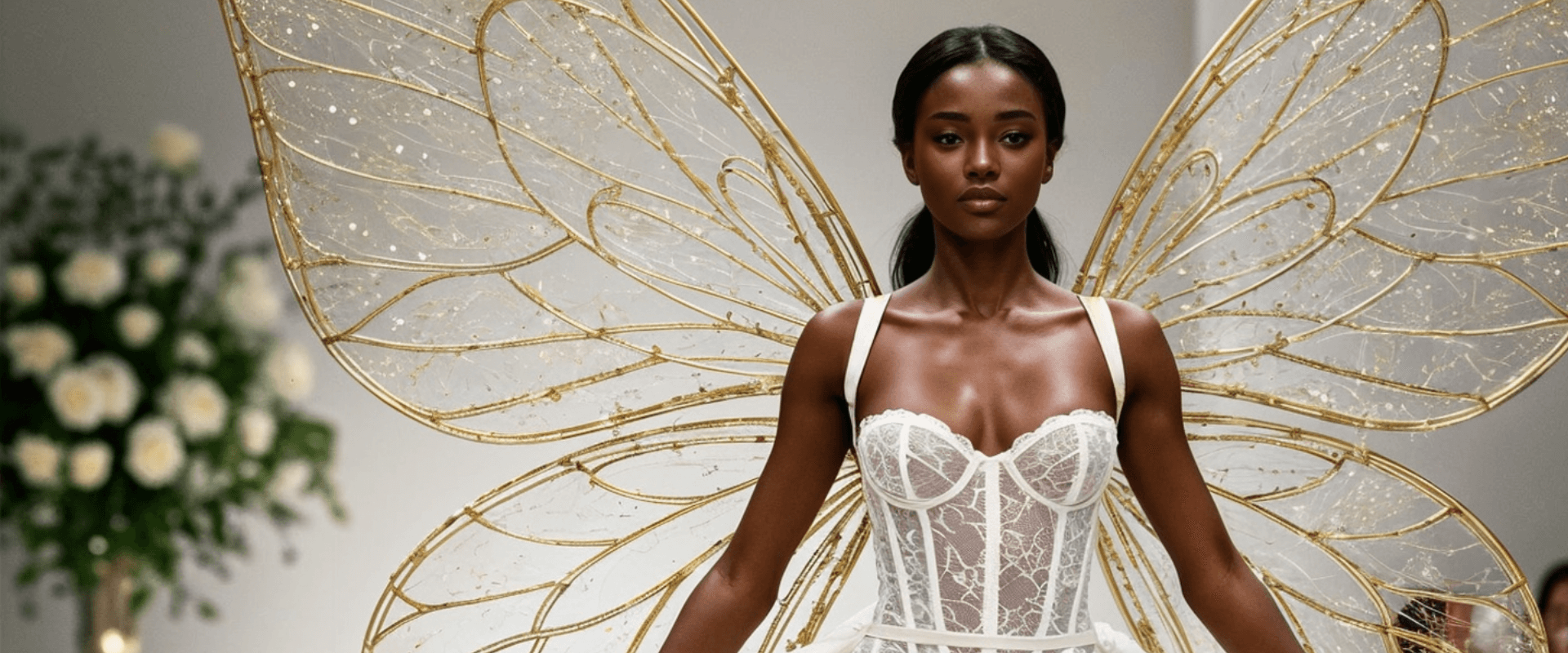 Desfile de moda destaca modelo com corset branco e asas douradas, com chamada: Designs Exclusivos